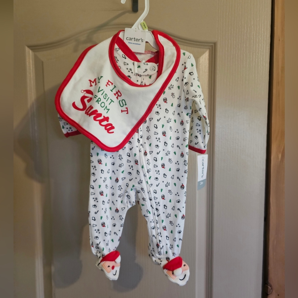 NWT Carters 3M Christmas Outfit With Bib "My First Visit From Santa"